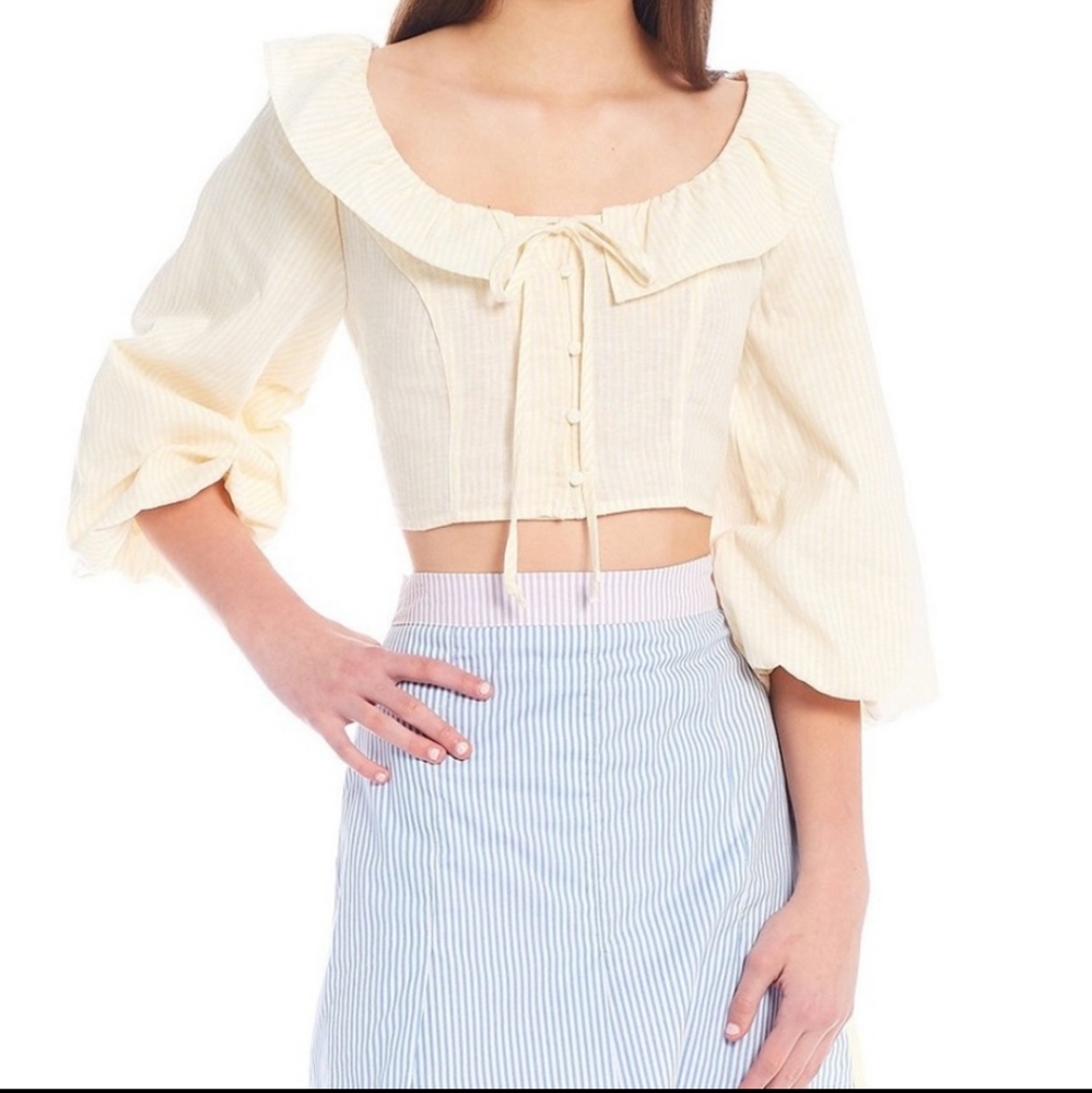 NWT Gianni Bini sz L yellow and white striped balloon sleeve crop top w/ ruffles